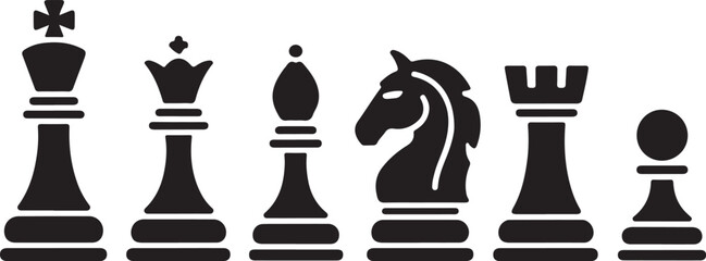 Black chess pieces set with king, queen, pawns and knight © Soriyea