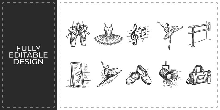 Hand drawn performing arts and ballet dance icons with shoes tutu and stage symbols flat vector illustration icon bundle set high resolution