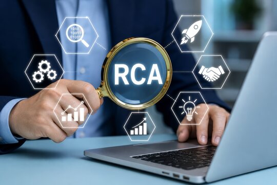 Magnifying glass reveals the acronym rca, surrounded by hexagonal icons representing business concepts like data and success.