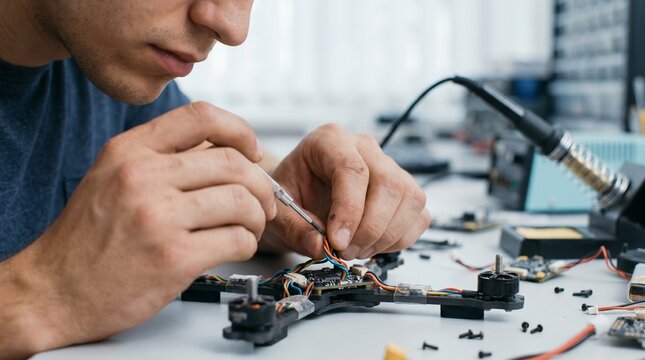 un joven estudiante ensamblando un dron FPV con un destornillador en un taller. Concepto de cursos de rob&oacute;tica, educaci&oacute;n STEM, ingenier&iacute;a electr&oacute;nica y tecnolog&iacute;a de innovaci&oacute;n