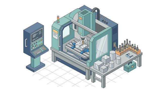 Isometric illustration of industrial machine tools.