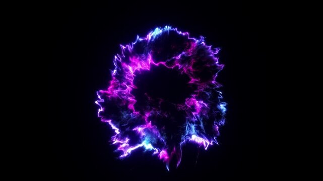 Cinematic electric plasma shockwave explosions with glowing blue energy pulses and dynamic abstract sci fi particle motion on black background