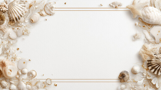 Elegant Seashell and Pearl Frame on White Textured Background