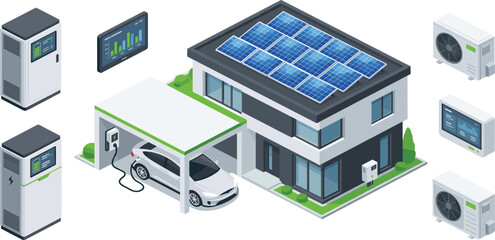 Smart Green Energy House Isometric Vector Set Featuring Solar Panels Electric Vehicle Charging Station Battery Storage and HVAC Controls for Sustainable Living © MstRuna