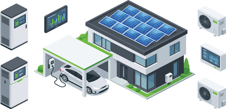 Smart Green Energy House Isometric Vector Set Featuring Solar Panels Electric Vehicle Charging Station Battery Storage and HVAC Controls for Sustainable Living