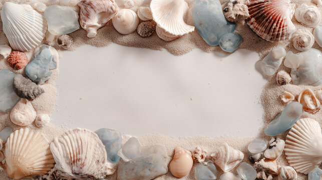 Seashell and Sea Glass Border on Sand with Copy Space