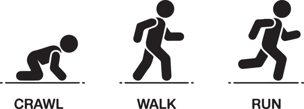 Black and white crawl walk run movement icons