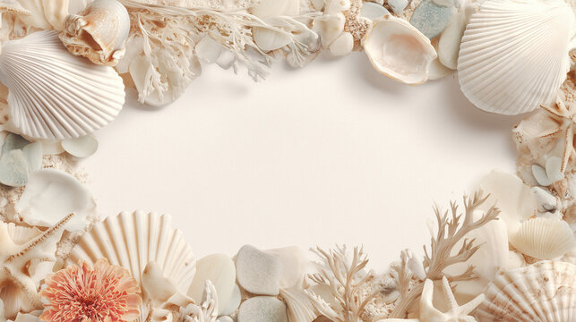 Seashell and Coral Border on White Sand Background