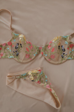 Flat lay with women romantic underwear, top view. Set of glamorous stylish sexy lace lingerie. Beauty, Shopping and fashion concept. Female bra, Lingerie advertising, flat lay top view copy space