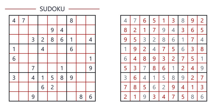 Sudoku puzzle grid with incomplete and completed solutions  