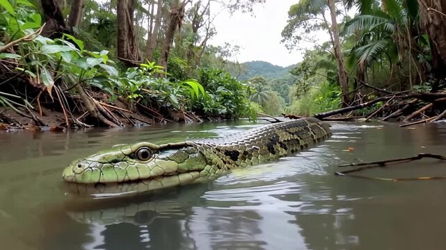 Large Python Swimming in Tropical River, Lush Green Forest Backdrop.