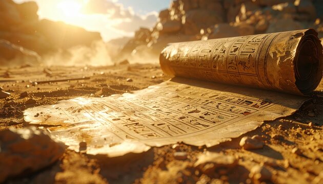 Fragmented ancient Egyptian papyrus scroll displaying faded hieroglyphs in a sun-drenched desert setting