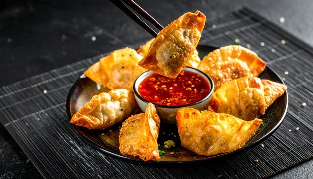 Golden brown crispy fried wontons with seasoned pork filling served with spicy red dipping sauce