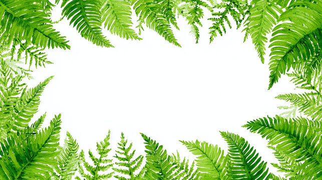 Watercolor green fern leaf frame on white background