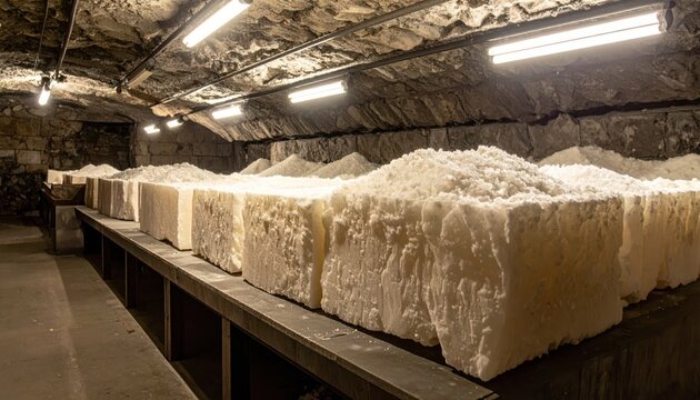 Massive gleaming white sea salt blocks neatly stacked in a cool industrial storage cavern, showcasing natural mineral harvest.