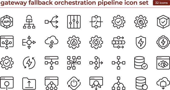 Gateway Fallback Orchestration Pipeline Line Icon Set Featuring Workflow Automation and Network Recovery Management Systems