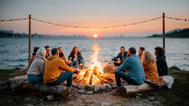 Group gathers around warm fire by lakeside at dusk.