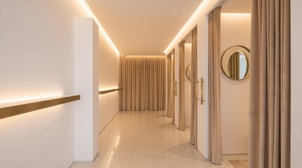 Fototapeta premium Luxury clothing store changing rooms with modern minimalistic architecture, High-end retail interior with private fitting room corridor