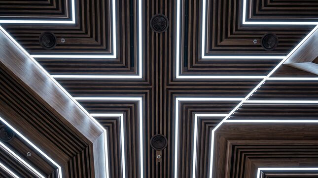 Luxury clothing store ceiling architecture with modern minimalistic lighting, High-end retail interior design with bespoke light fixtures