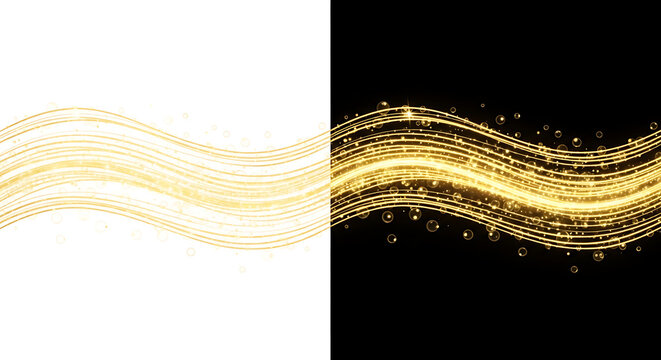 Golden swirling light particles on white and black backgrounds with brush stroke gold dust gold paint particles abstract background movement