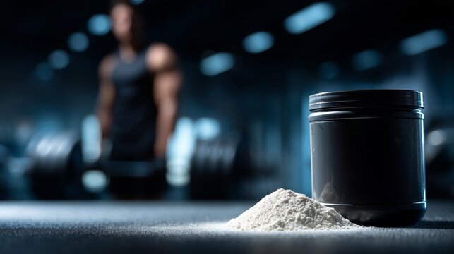 Creatine monohydrate powder on gym floor with bodybuilder in background