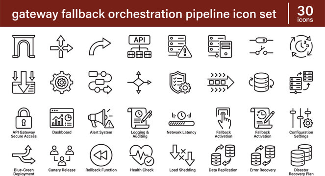 Gateway Fallback Orchestration Pipeline Line Icon Set Featuring API Recovery Automation and Network Resilience Systems