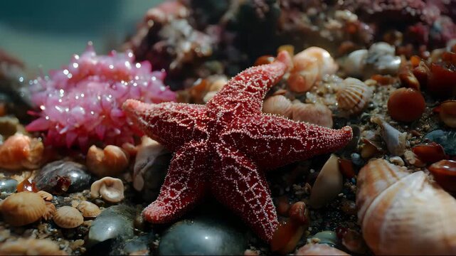 Ocean tidepool starfish video with shells and glowing coral