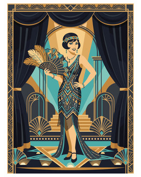 Elegant Flapper in Art Deco Glamour: A stylish flapper woman, adorned in a bejeweled flapper dress and holding a feathered fan.