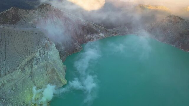 Turquoise Sulfur Crater Lake at Kawah Ijen, East Java, Indonesia