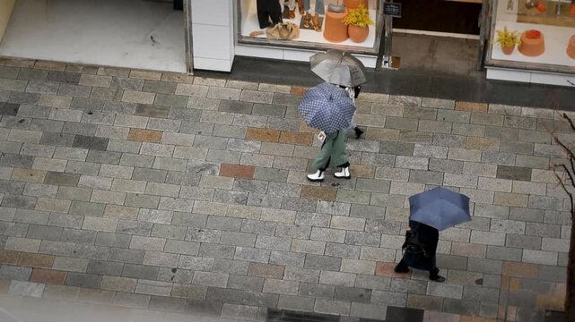 Rainy Tokyo Pedestrians Umbrellas Luxury Shopping District Walkway
