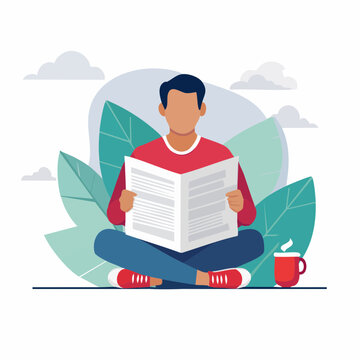 Man Reading Newspaper While Sitting Cross-legged with Coffee