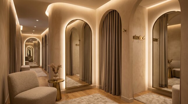 Luxury fitting room suite, Minimal clothing store interior, Arched mirror design, Premium shopping lounge, Warm retail lighting, Comfortable customer experience