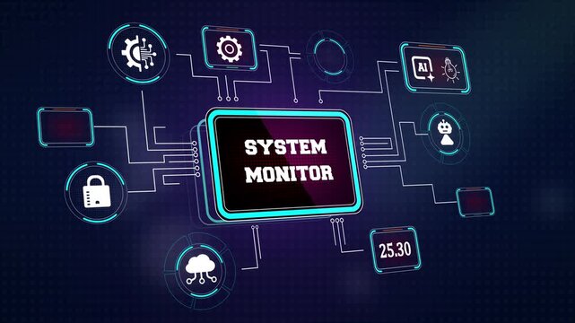Modern system monitor panel displaying glowing data center hardware health parameters and distributed network transmission paths on a cyber grid backdrop