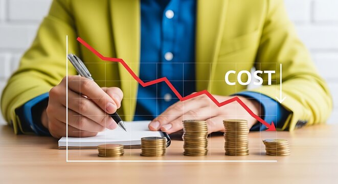 Businessperson analyzing cost decrease with graph and coins on table