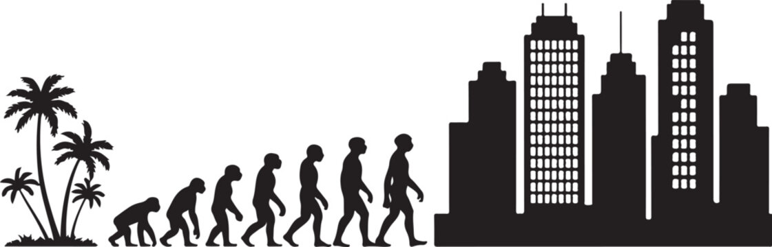 Evolution of humans from primitive to modern with city skyline