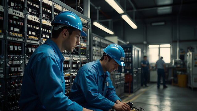 Two Male Electrical Engineers in Uniform and Hard Hat Working Together Assembling Control Panel Components on Workbench inside Industrial Factory Plant Laboratory