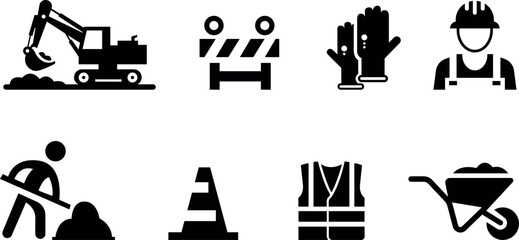 Construction icons set with excavator worker safety gear and roadwork symbols © Tanmoy