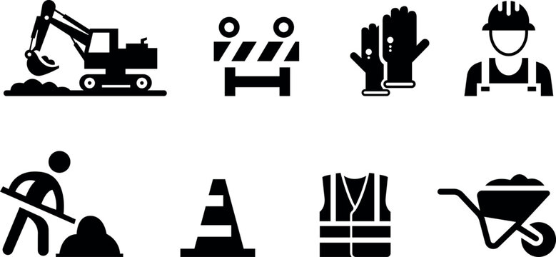 Construction icons set with excavator worker safety gear and roadwork symbols