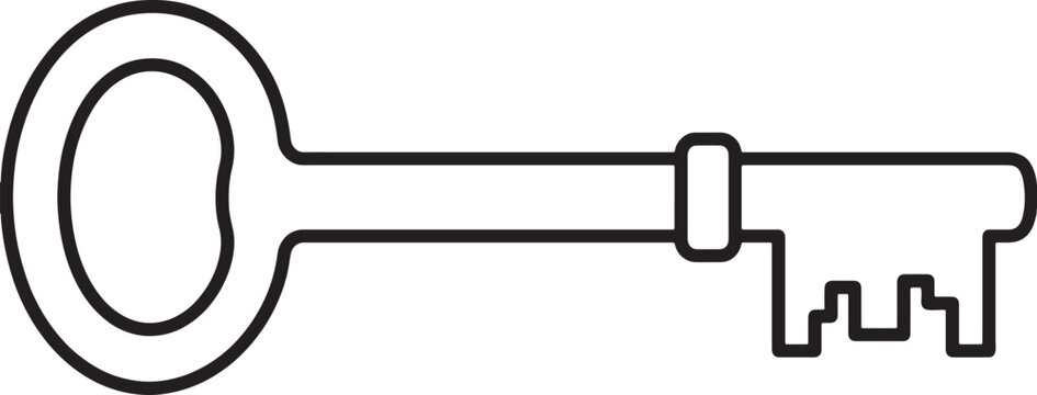 Black and white outline of a skeleton key with oval handle and teeth pattern also transparent background