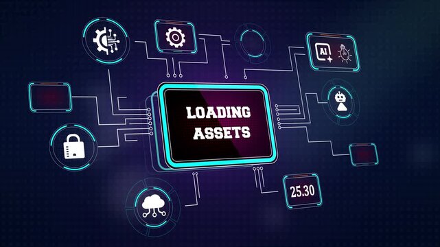 Digital loading assets interface showing automated file synchronization sequences and distributed cloud server database buffering protocols on circuit mesh
