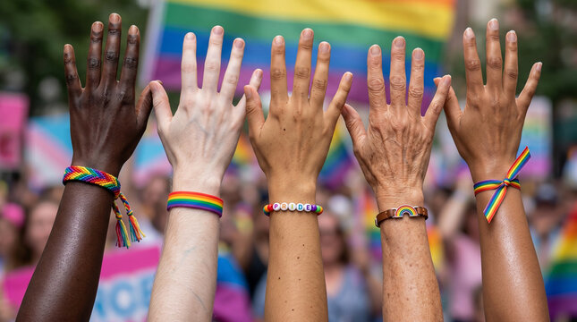 Diverse hands raised in celebration with rainbow bracelets for Pride Month  