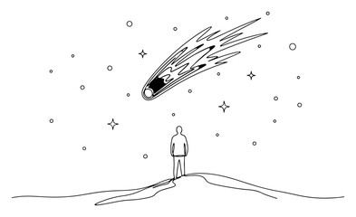 Man standing on a hill watching a comet in the starry night sky in continuous line art style © InsomniaVideo