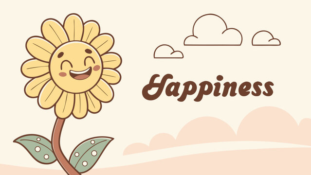 Happy cartoon sunflower character saying happiness with flat design hand drawn sunflower happiness character botanical childlike consciousness contentment decoration drawing style emotions