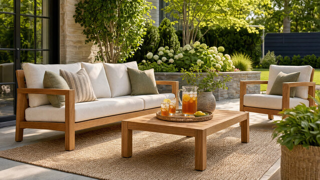 Modern teak patio furniture with white cushions, wooden coffee table holding pitcher of iced tea, glasses, green garden background, outdoor luxury living, backyard design