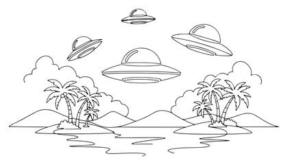 UFO flying saucers over tropical island with palm trees in continuous one line drawing style © InsomniaVideo