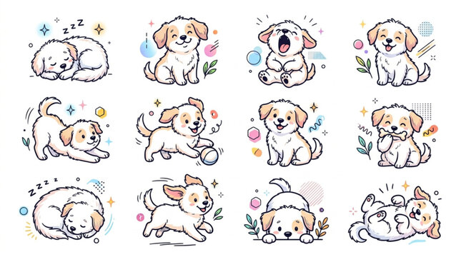 Cute Beagle Puppy Series in Various Playful Poses Line Art Illustration