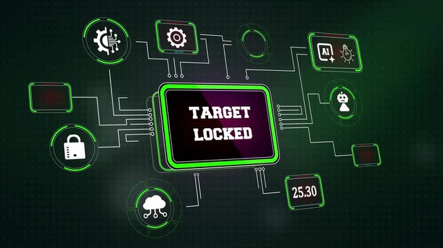 Military weapon guidance overlay confirming target acquisition vectors and tracking metrics perfect for defense technology displays and action movie visual assets