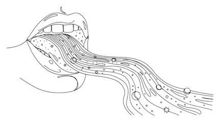 Open mouth with tongue flowing into starry galaxy stream surreal line art © InsomniaVideo