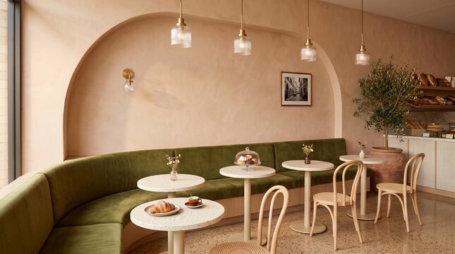 Italian bakery cafe seating, Modern pastry shop interior, Curved banquette design, Cozy hospitality lounge, Warm pendant lighting, Copy space wall