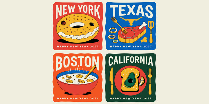 USA, US, U.S, United States - Set of four regional united states food illustrations showing new york bagel texas steak boston clam chowder and california avocado toast for new year 2027
